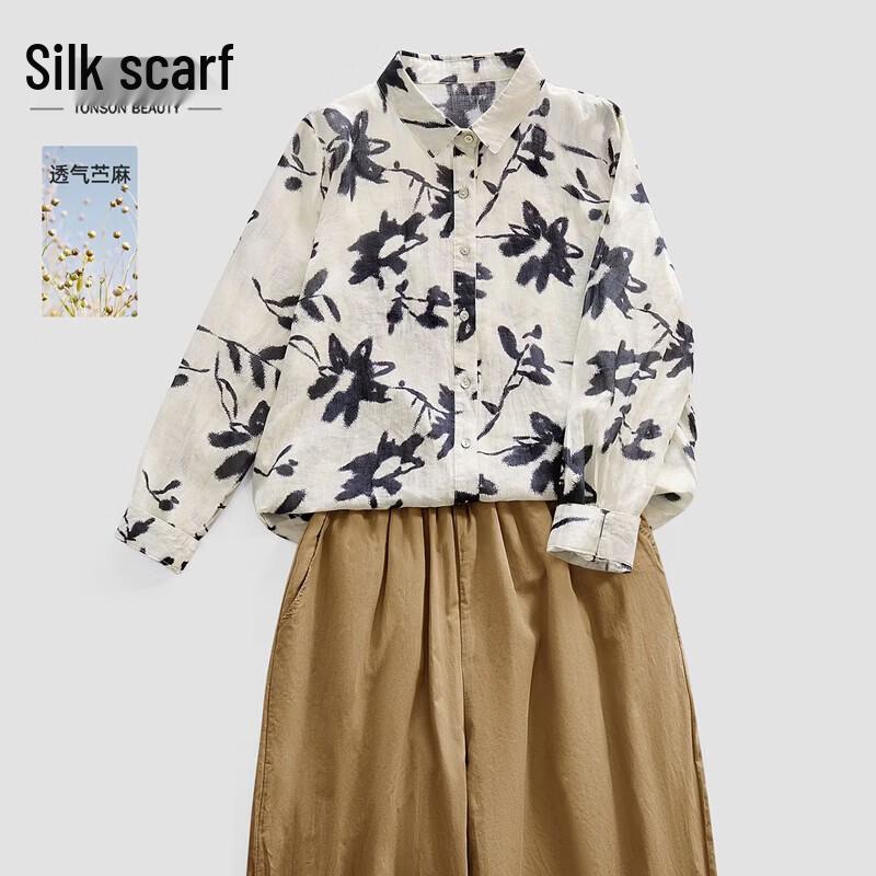 Women s Linen Floral Print Long Sleeve Shirt S