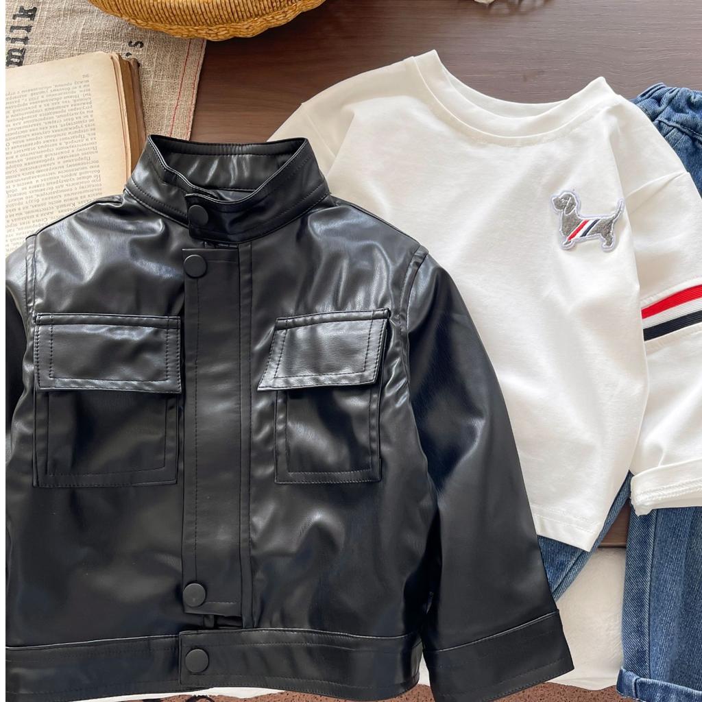 Boys Faux Leather Jacket Spring Autumn Thin Coat Kids Cool Outfit Set Baby Fashion Outerwear