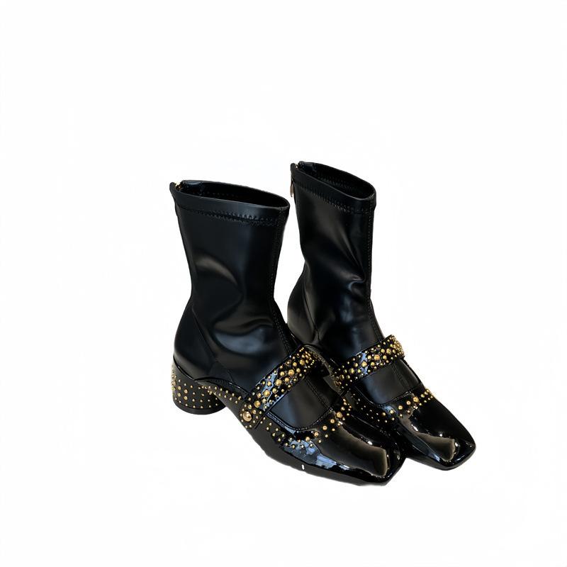 Weißes Mondlicht~ Quadratkopfniete Reißverschluss hinten Mittelschaft Elastische Stiefel Damen Skinny Kurzstiefel