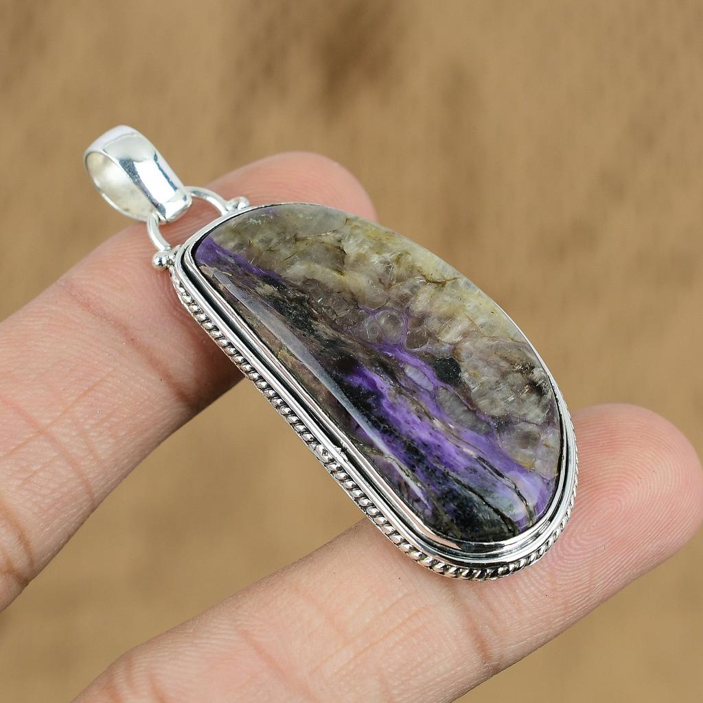 Natural Russian Charoite Gemstone Jewelry 925 Sterling Silver Pendant For Women