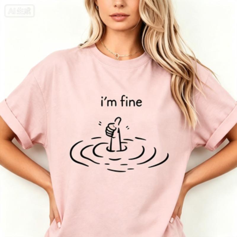 Unisex Cotton Tshirt Im Fine Funny Drowning Hand Graphic Tee Minimal Line Drawing Humorous Unisextal Mood Casual Crew Neck Tops