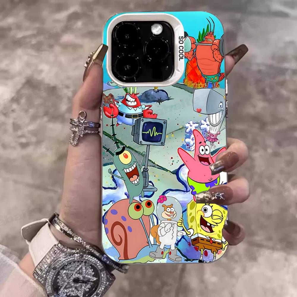 Cartoon Niedlich S-SpongeBob Anime Handyhülle Für IPhone 17 16 15 14 11 12 13 Pro Max Pro Plus Farbige Silberne Hülle