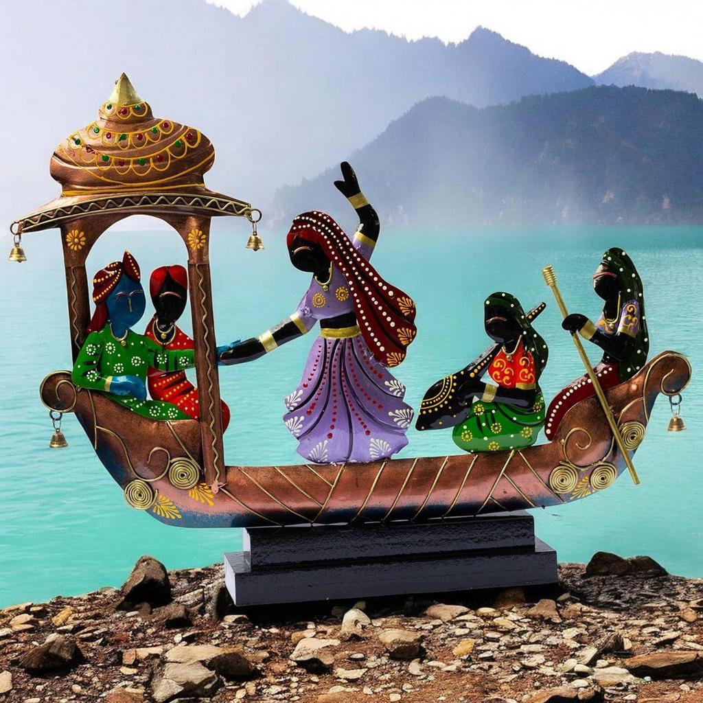 Ethnic Tribal Boat with Dancing Musicians Showpiece - 15x18 Inch Home Décor with Wooden Base - Gift for Housewarming, Festivals, Weddings