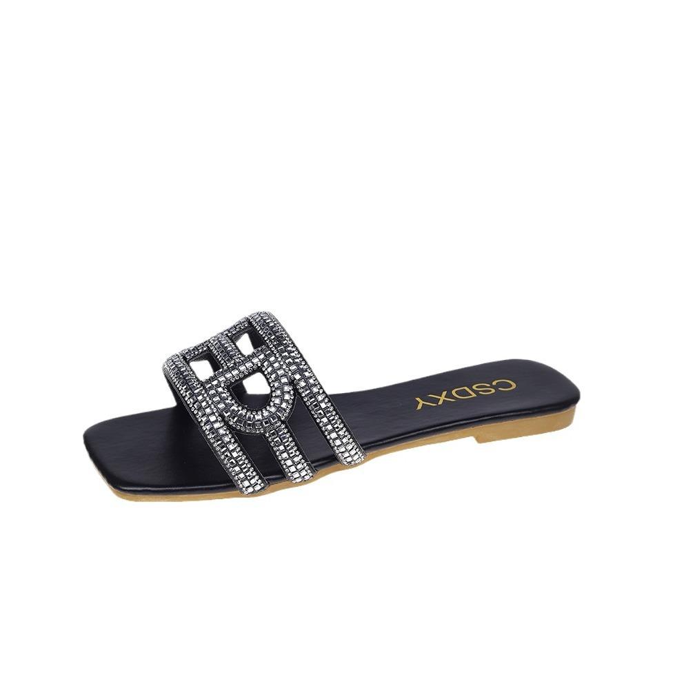 Rhinestone flat-bottomed slippers women's square head one pedal home slippers foreign trade large size FlatSlippers