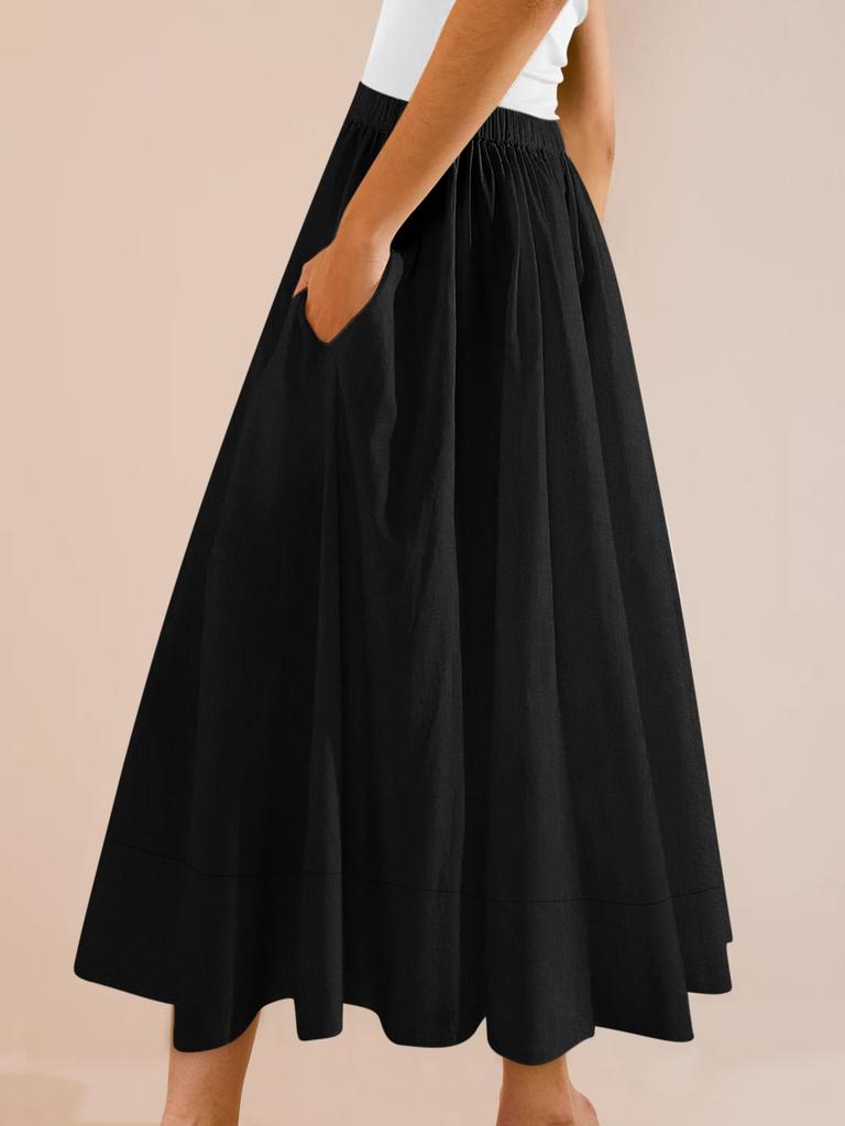 Women's Elastic High Waist A Line Midi Skirt Pleated Flowy Swing Skirt with Pockets