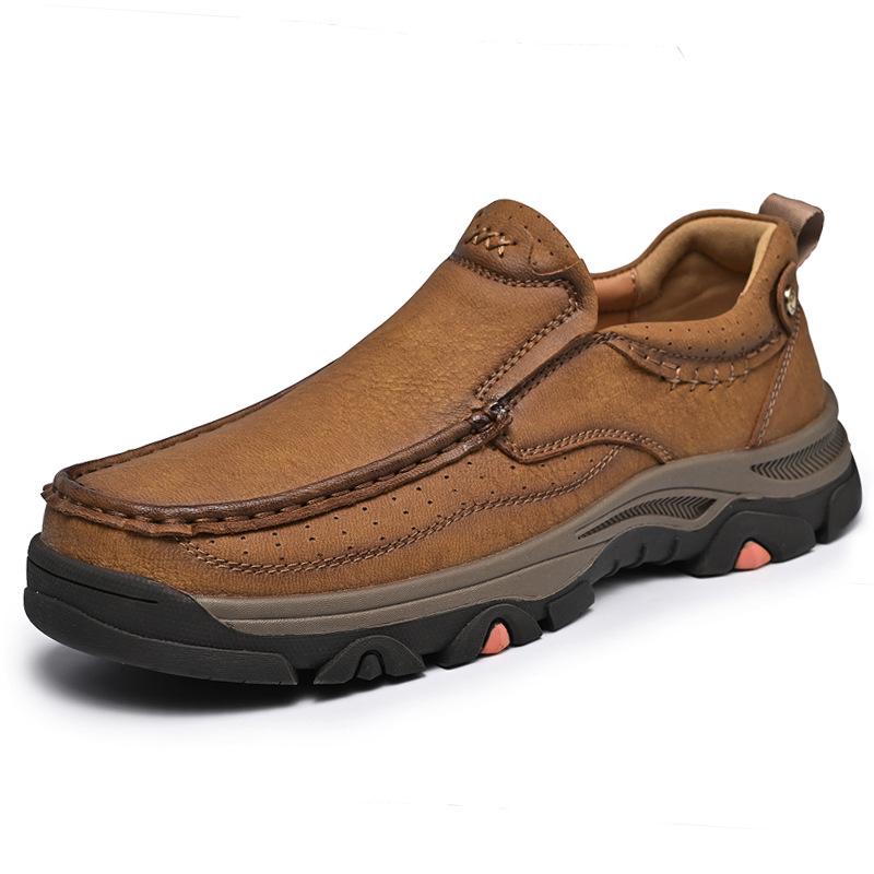 Men's Thick Sole Wear-Resistant Leather Hiking Loafers - Slip-On Casual Shoes