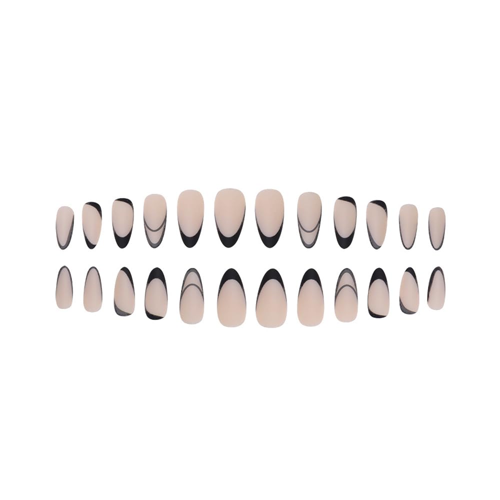 Secret Lives Reusable Artifical Fake False Press on Nails Translucent Matte Nude Color with Black Curve Design Long Lasting 24 PCS Set with Kit