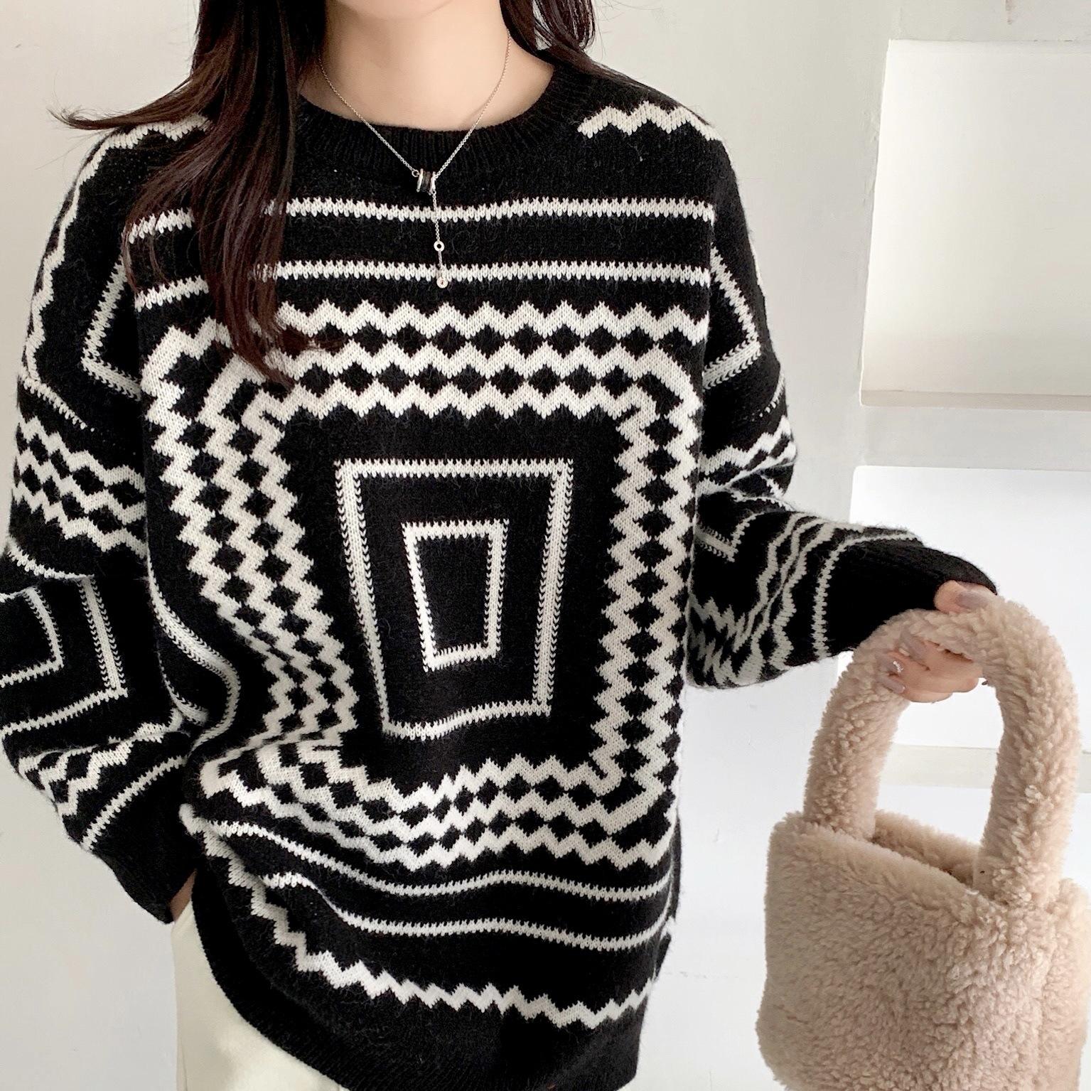 

Женский осенне-зимний пуловер с круглым вырезом, волнистый топ с зигзагом, универсальный свободный вязаный свитер