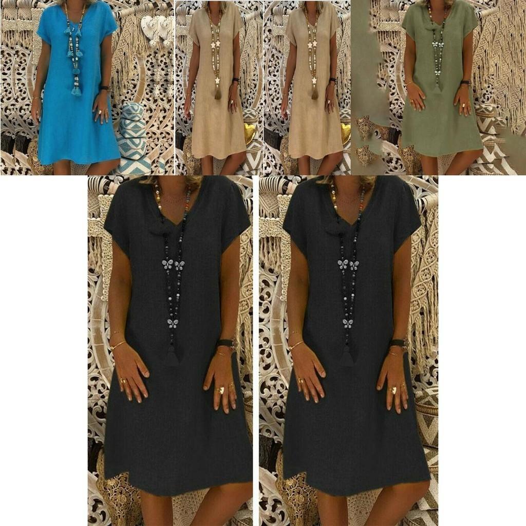 Robe Tunique Midi Élégante d'Été à Manches Courtes et Col en V pour Mode Grande Taille