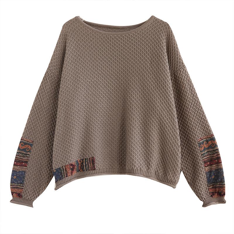 2024 Autumn/Winter Plus Size Retro Ethnic Applique Cotton Knit Women's Loose Round Neck Pullover