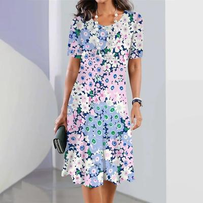 Fashion Womens Loose Flowers and Plants Print O Neck Short Sleeve Leaves Print Loose Streetwear A-line Dress