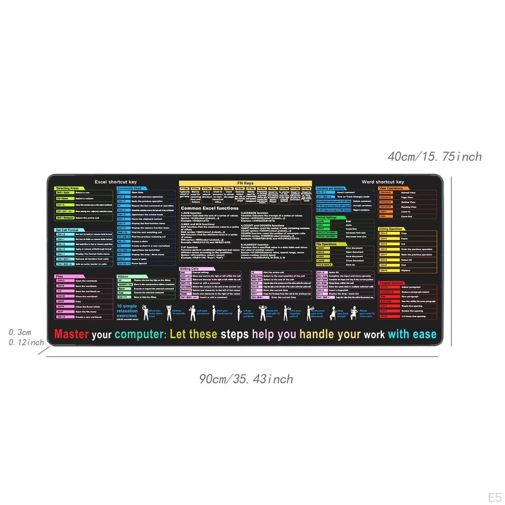 Cheat Sheet Desk Pad Mat Rectangle Large Keyboard Word/ Shortcuts Mousepad for Home