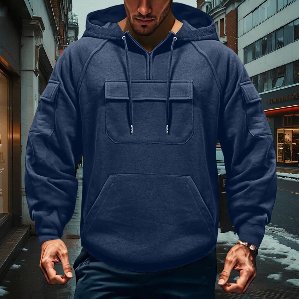 Men's Cargo Hoodie | Drawstring Multi-Pocket, Solid Color For Outdoor & Casual Wear