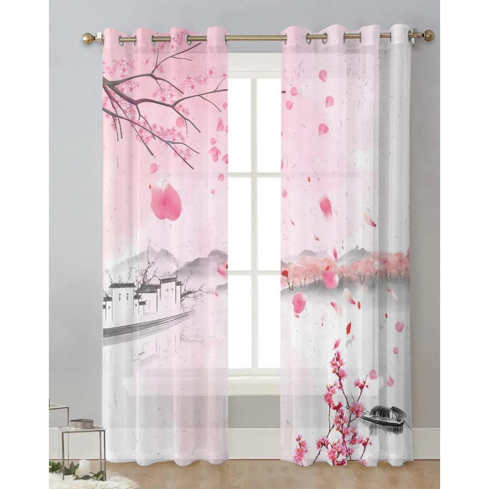 Watercolor Pink Cherry Blossom Ink Chiffon Sheer Curtains for Living Room Bedroom Decoration Window Voiles Tulle Curtain Drapes