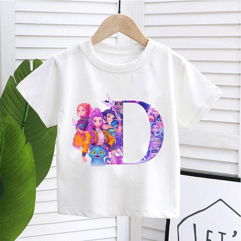 KPop Demon Hunters White T-shirt for Children A-Z Letters Tee Top Cartoon Round Collar Clothes Kids Short Sleeve Clothing Gift
