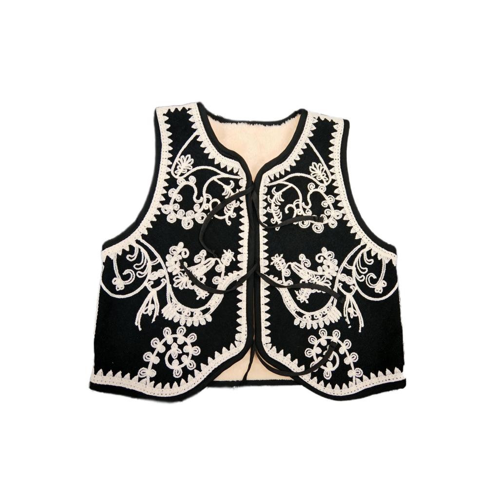 Retro Corduroy Lambswool Vest with Heavy Embroidery and Shoulder Pads - European and American Style