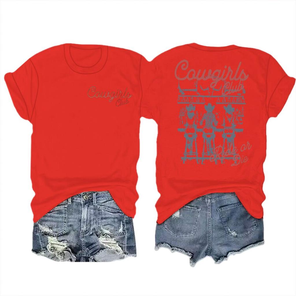 Unisexs Western Cowgirl Club Graphic Tee Casual Crew Neck Short Sleeve Tshirt With Cowgirl Letter Design Streetwear Female Tops