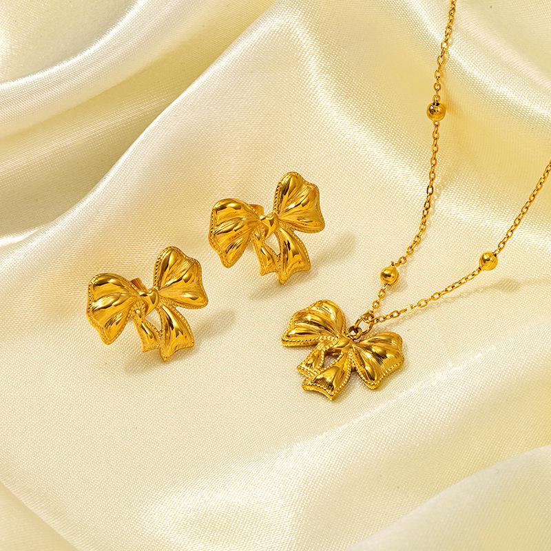 18k Gold & Stainless Steel French Ribbon Bow Necklace & Earring Set