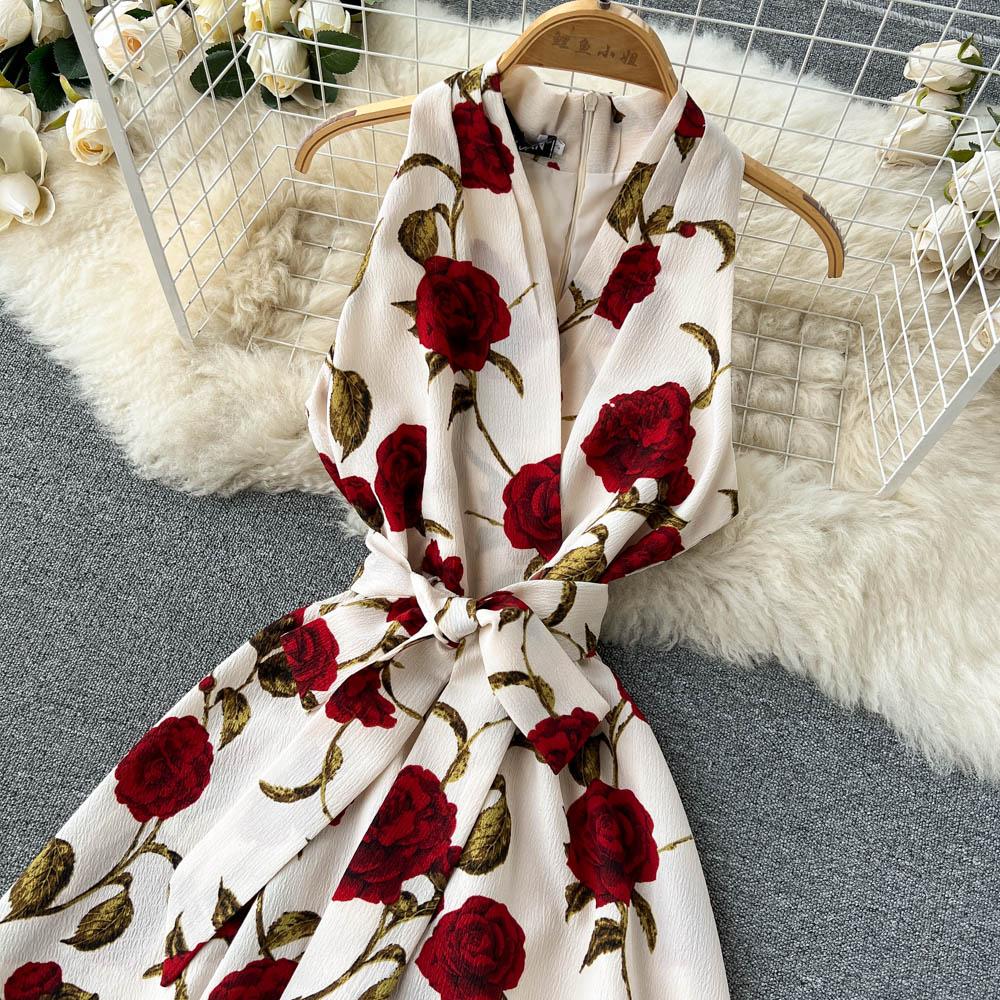 RUGOD Retro Print Dress 2022 Summer New Goddess Fan Temperament V-Neck Tie Waist Thin Mid-Length Dress