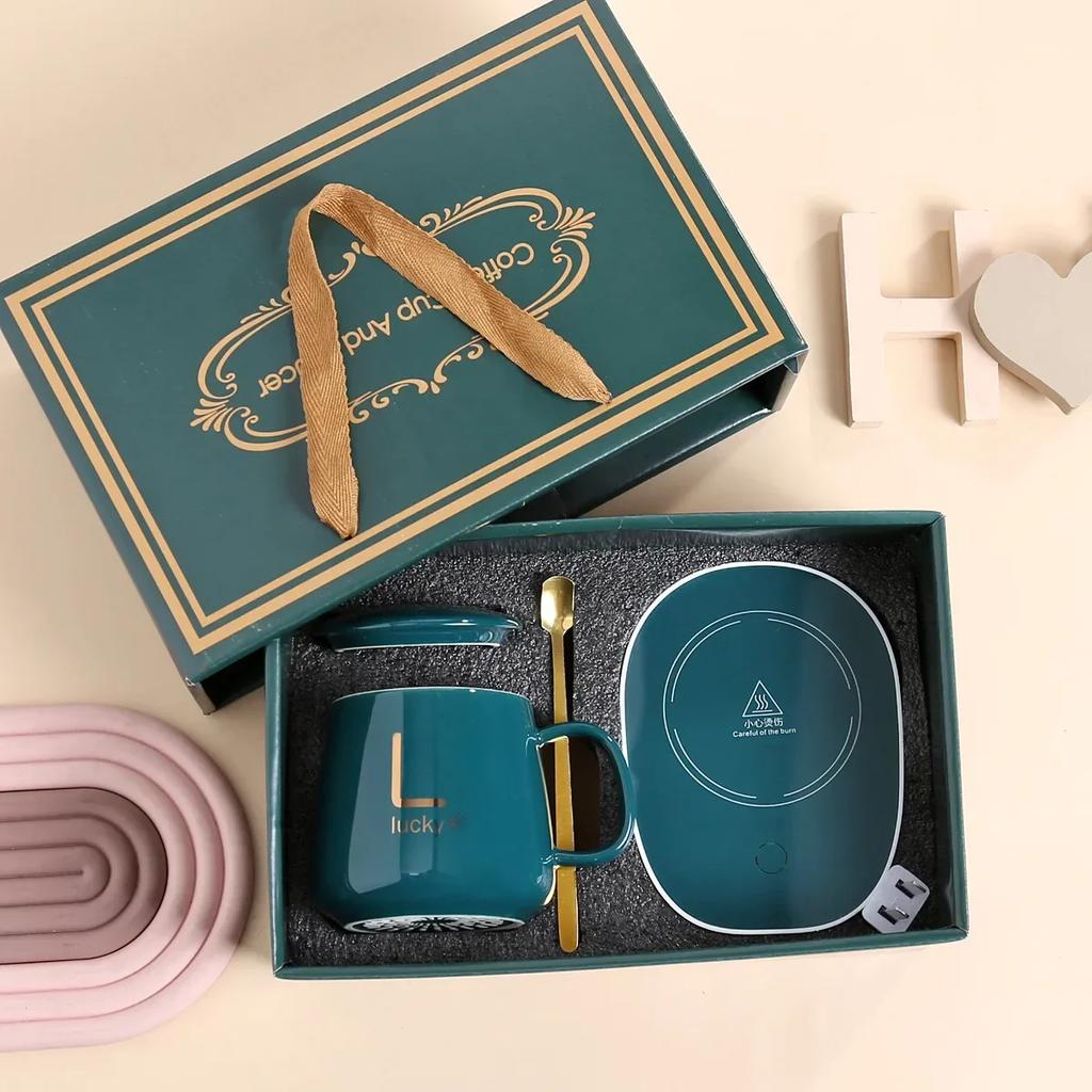 New Thermostat Cup Gift Box Ceramic Mug with Spoon And Storage Bag Set Folding Spoon Portable Cup 55℃ Thermostatic Coffee Cup