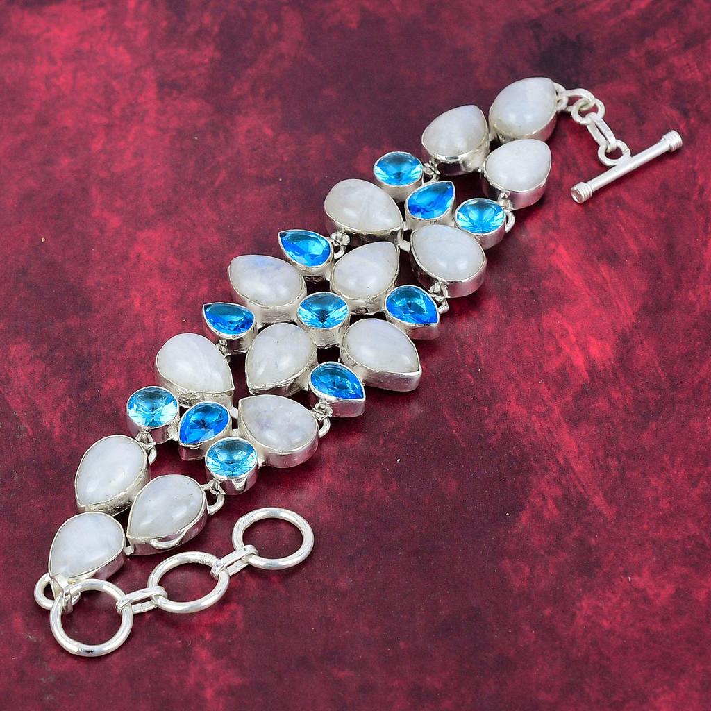 Moonstone, Blue Topaz Jewelry, 925 Solid Sterling Silver Gemstone Bracelet, Handmade Jewelry, For Memorial Day