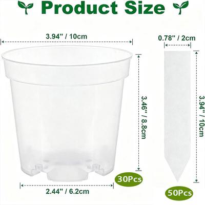 Flower Pots Set with 30 Clear Plastic Pots Featuring Drainage Holes and 50 Plant Labels for Effective Plant Care