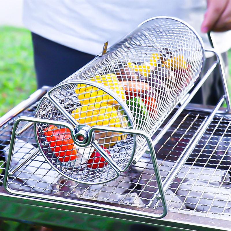 Heavy Duty Stainless Steel Outdoor Rolling Grill Basket Rotatable Barbecue Mesh Cage Practical Roasting Accessory For Camping