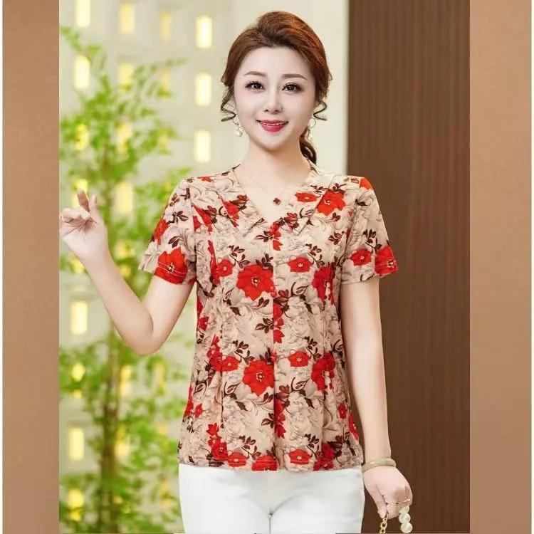 Summer Women's Blouse Lapel Neck Button Printed Ventilate All-match Elegant Loose Comfortable Three Quarter Tops