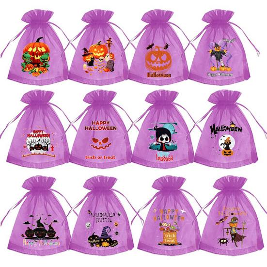 Storage Bag 12 Pcs Halloween Organza Candy Bag, Drawstring Treat Pouch with Pumpkin Ghost Bat Spooky Print, Sheer Favor for Party Snacks, Trick Small