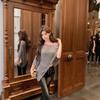Vintage gray thin sexy slanted shoulder sleeveless knitted sweater women's summer loose irregular cape blouse top