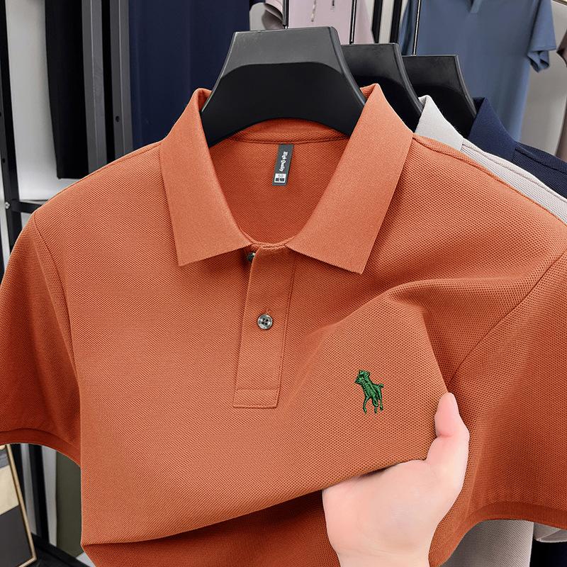 Pánské polo tričko s krátkým rukávem z perlové bavlny, luxusní, ležérní, s půl rukávem a vyšívaným logem poníka, klopou