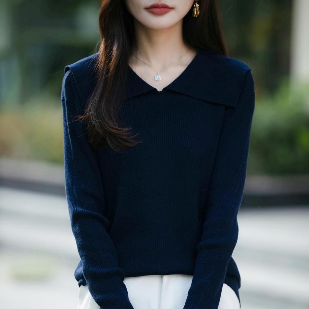 Spring & Autumn Women's Korean Style Elegant Solid Color Lapel Knitwear Sweater