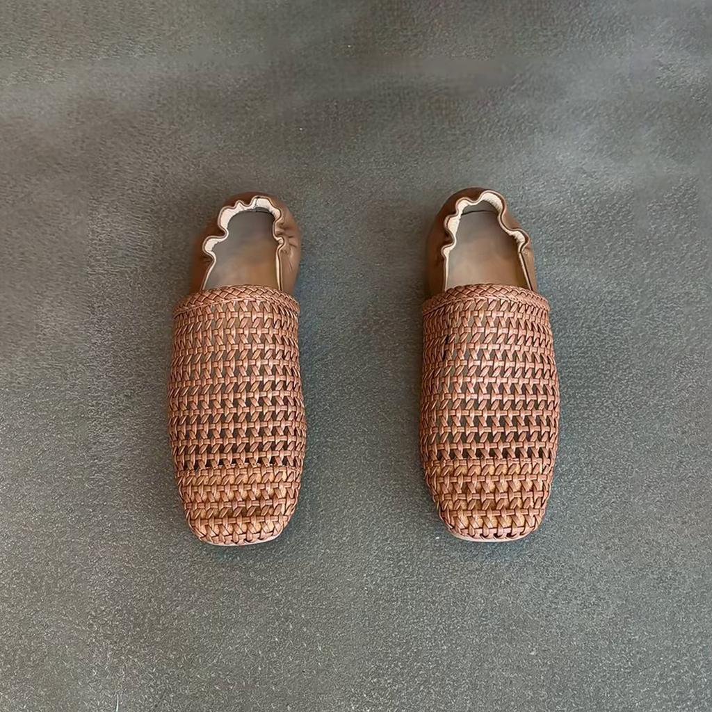 Viereckige Spitze, mittelhoher Rist, gewebtes Netz, hohl, atmungsaktiv, Einschlupf-Loafer, vielseitige Ballerinas für Frühling und Sommer