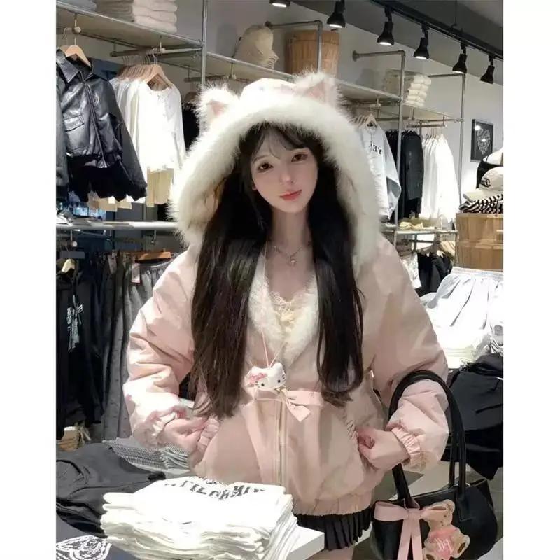 Kawaii Y2K Jacket Winter Fur Collar Sweet Hooded Women Thick Jacket Casual Tops Zipper Loose Hooded Coat Clothes