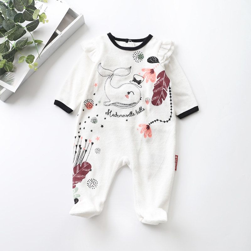 French-Style 6-36m Baby Spring and Autumn Velvet Whale Floral Back-Opening Footed Romper Infant Alpaca One-Piece Crawling Suit