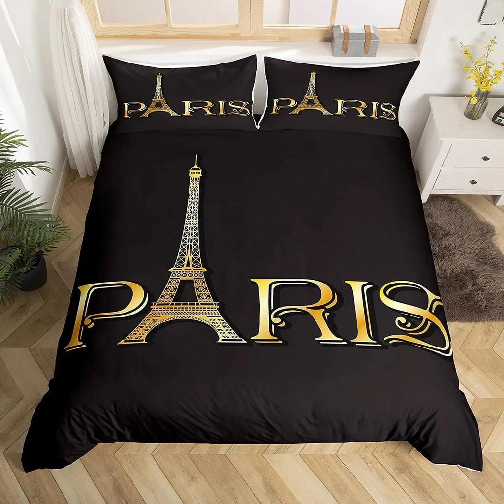 Paris Bettbezug-Set Queen Size Eiffelturm Bettwäsche-Set Mädchen Schwarz und Rosa Paris Deckenbezug Romantischer Französischer Bettdeckenbezug