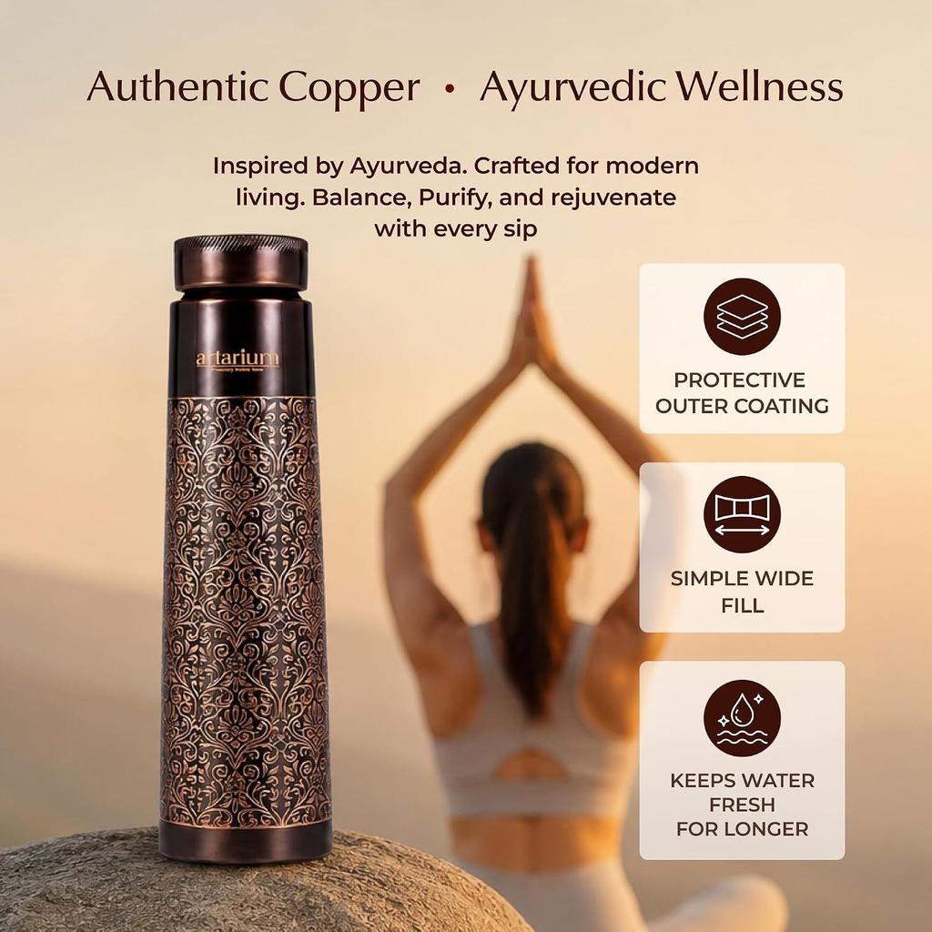 Copper Water Bottle 1 Litre Antique Floral Design Leak Proof