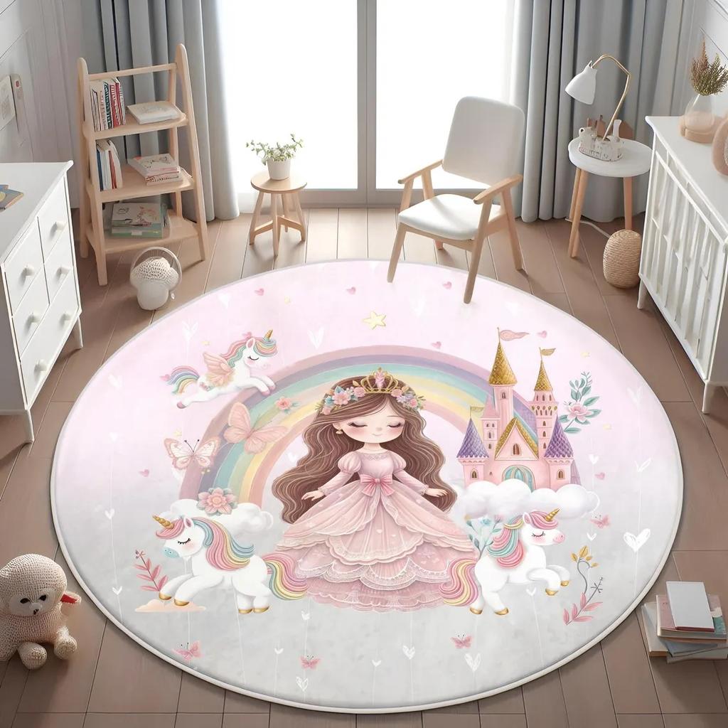 Pink Castle Princess Unicorn Round Rug Non Slip Floor Mat for Kids Bedroom Playroom Fairytale Style Baby Nursery Home Decor
