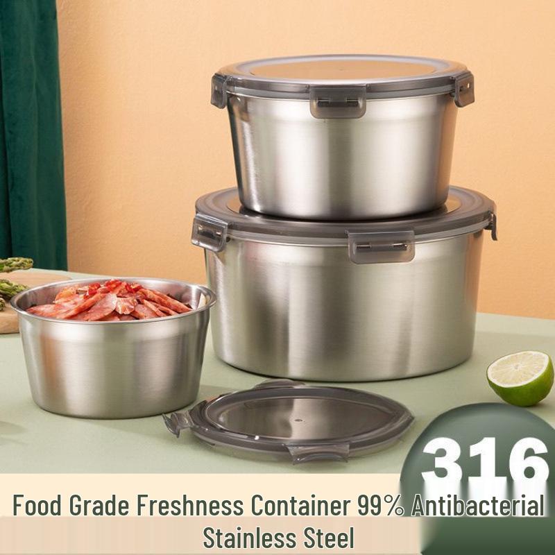 Rund airtight matförvaringsbehållare i rostfritt stål med lock