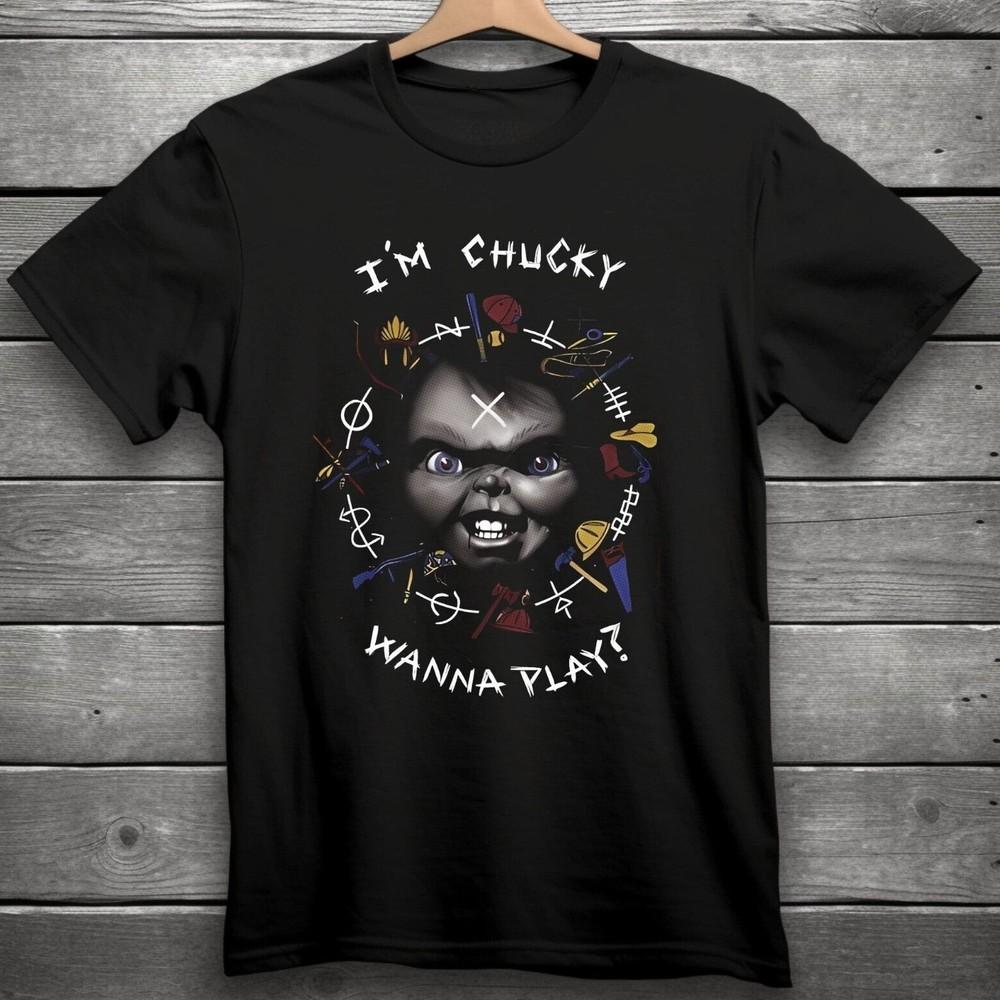 I039m Chucky Wanna Play Horror Movie TShirt Black S3XL Chucky Unisex T-Shirt XL