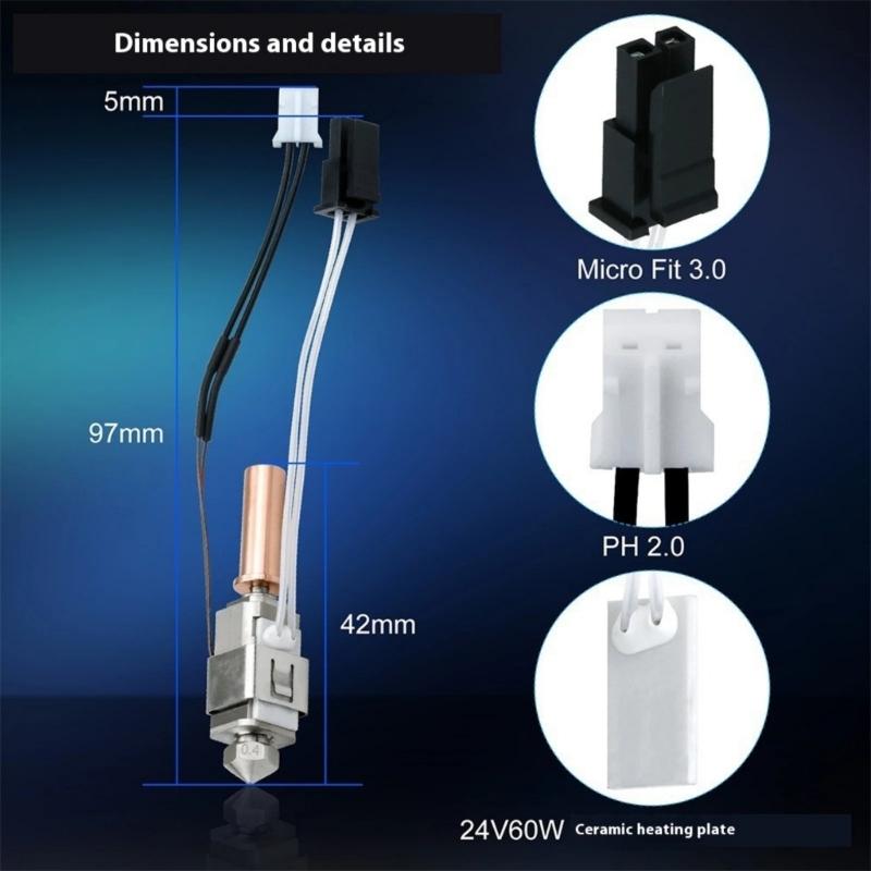 For 2 Ceramic Heating Block Kit All Metal Nozzle Hot End Print Head Kit 0.4mm Print Hot End for 2 High Temperature