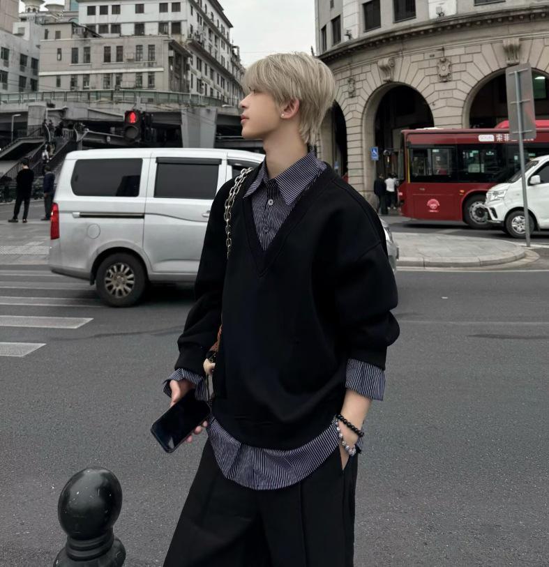 Men s Retro American Heavyweight Loose Color Block Hoodie L чёрный