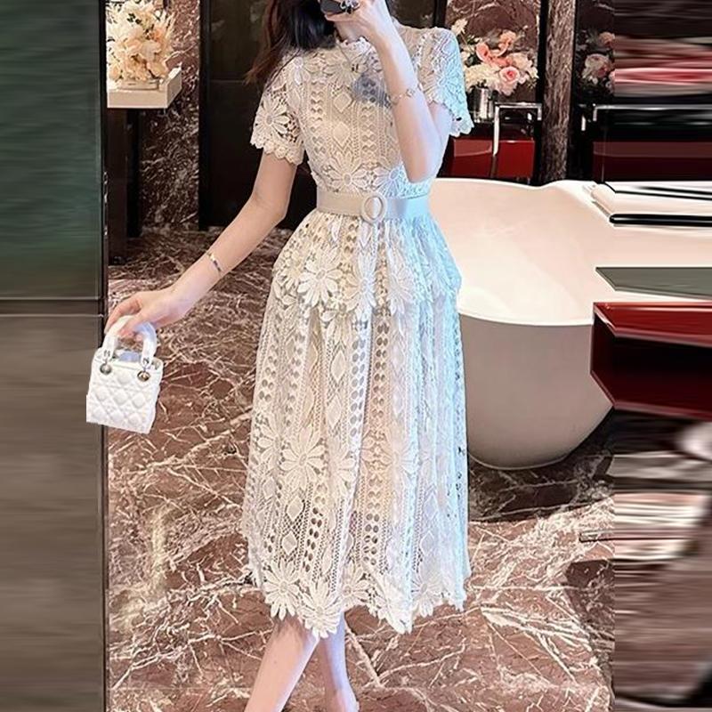 

ZANZEA Женское повседневное элегантное кружевное платье с воротником-стойкой и коротким рукавом для лета L белый