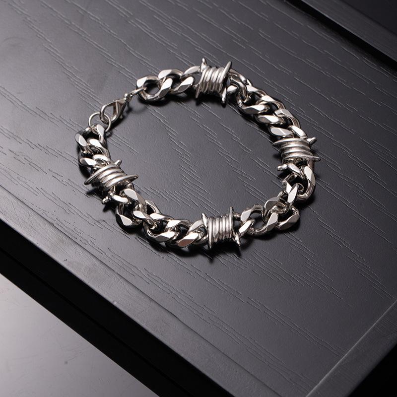 Barbed Wire Bracelet, Cuban Link Chain Necklacefor Men Dad Son, Stainless Steel Gothic Punk Thorns Hand Chain, Hip Hop Jewelry,