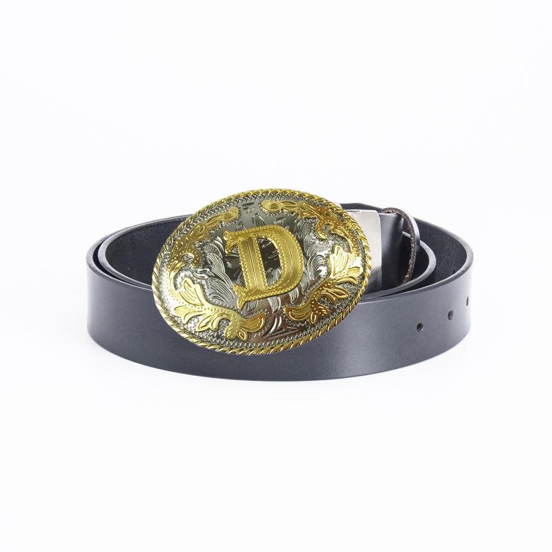 Herren Retro Vollrindleder Gürtel D Buchstabe Gold und Silber Zweifarbig Ovaler Gürtel