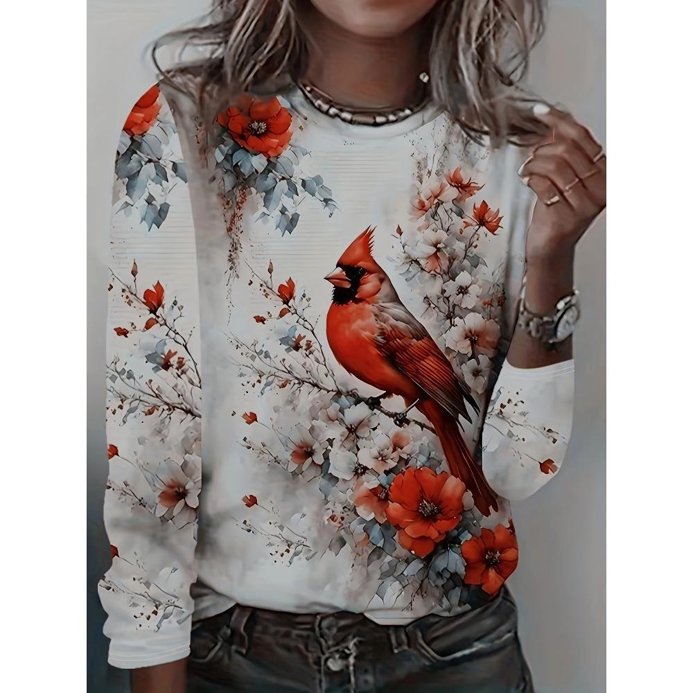 floral print crew neck T-shirt, casual long-sleeved top, suitable for spring and autumn, women's clothing