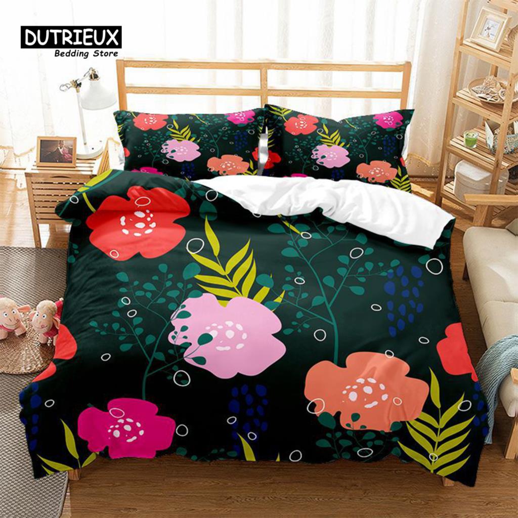 Floral Bedding Set Botanical Duvet Cover Queen Soft Boho Rose Flowers Leaves Print Comforter Cover For Kids Teens Adults Decor
