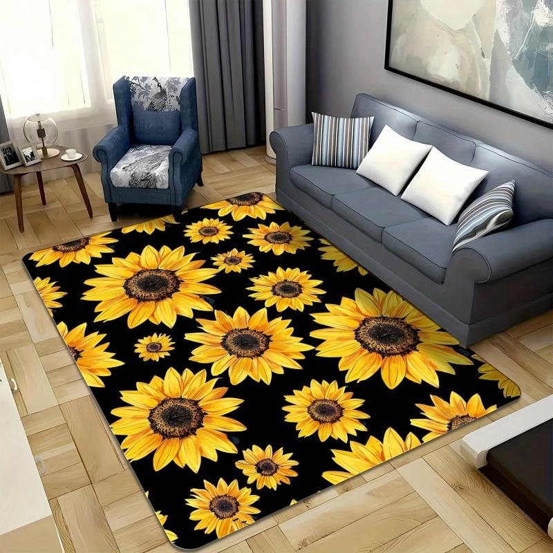 Dark Background Sunflower Floral Large Area Rug Yellow Daisy Non Slip Living Room Floor Carpet