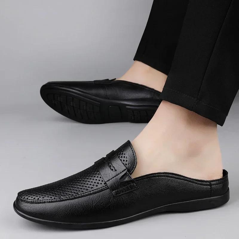 Genuine Leather Half Drag Lazy Loafers Comfy Casual Driving Flats Handmade Men Muller Shoes Travel Man Slip-on Shoes Moccasins