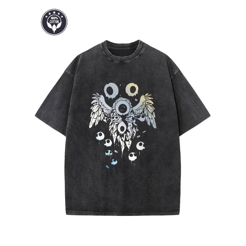 Стильная washed-футболка с ретро-креативным принтом  Странный глаз  (Weirdcore Eyeball). Тяжелый Чистый. Уличная футболка, свободный крой в стиле хип-хоп, идеально подходит для летнего повседневного образа S чёрный